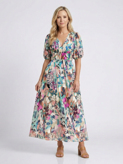 Eulalie | V Neck Short Sleeve Gathered Waist Midi Dress