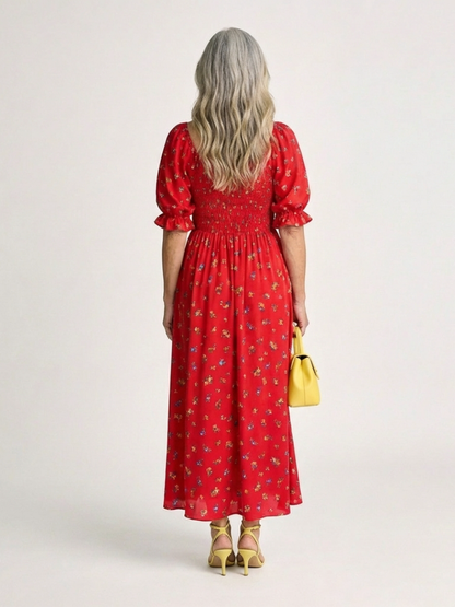 Delphine | Square Neck Floral Puff Sleeve Midi Dress
